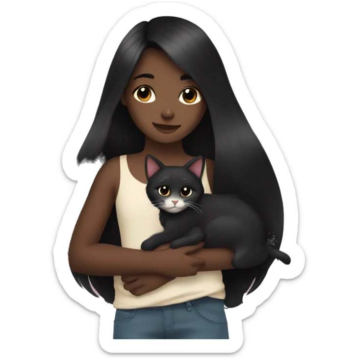 girl with very long black hair and dark skin hugging a cat  sticker
