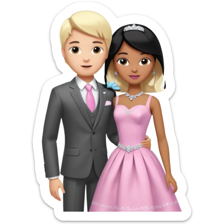pretty light blonde girl barbie wedding to boy nerd with short black hair and dark tan skin on the cheek sticker