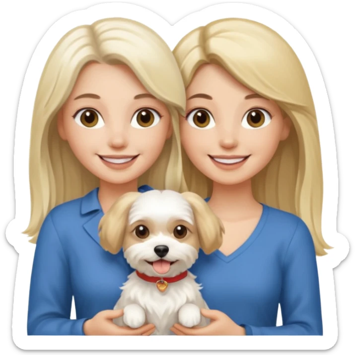 two women holding one Maltese dog one is brunette the other is blonde long haired  sticker