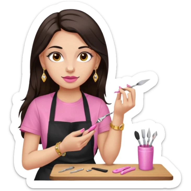 Fille cheveux long châtain foncé, peau beige type européen yeux marron, teeshirt rose avec un tablier noir, piercing au nez anneau doré, boucle d’oreille type diamant doré. Elle fait les ongles nail artiste sticker