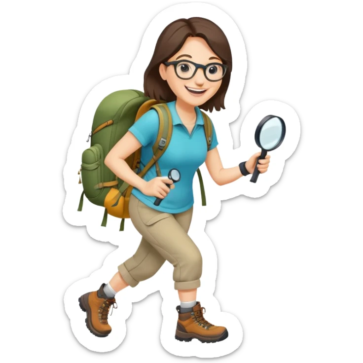 Extremely happy joyful woman in her late 30s with glasses wearing sporty outfit, hiking boots, and backpack, holding a magnifying glass with big smile sticker
