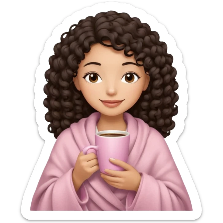 hispanic woman, light brown skin, black long 3b curls, closed eyes, feminine face, holding soft pink coffee cup with beige blanket over shoulders sticker