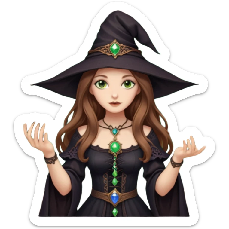 dark witch girl with long light brown hair and green eyes and Tarot cards sticker