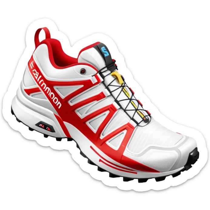 White Salomon XT-6 shoes with the signature colored speedcross stripe running through the middle, red Salomon logo stripe, one shoe behind the other, iOS emoji style, rest of the shoe pure white sticker