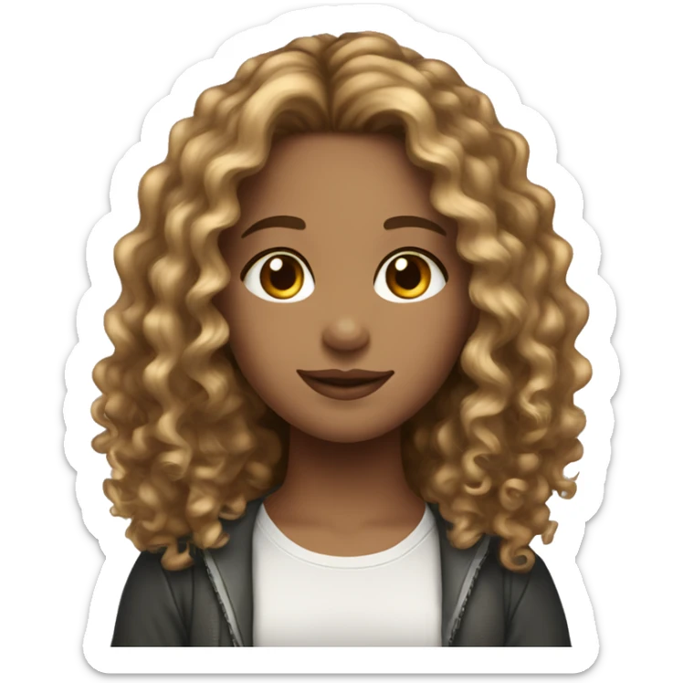 girl with brown curly hair and blonde highlights wearing a  sticker