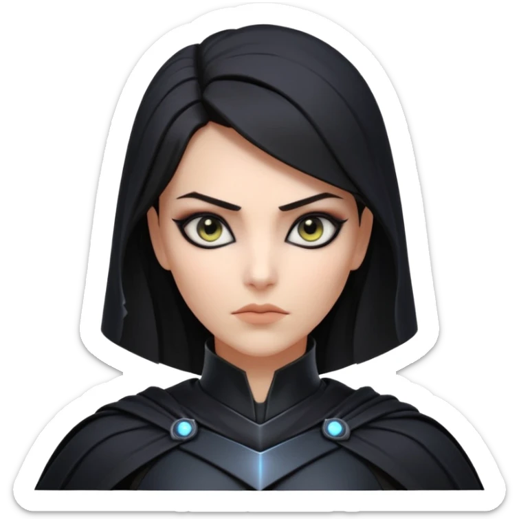 dark sci-fi villain female portrait, head and shoulders only, black armor, cape collar, intense eyes, sharp confident expression, subtle futuristic makeup, dramatic lighting, 3D cartoon, mobile game icon style, clean background, no text, no watermark
 sticker