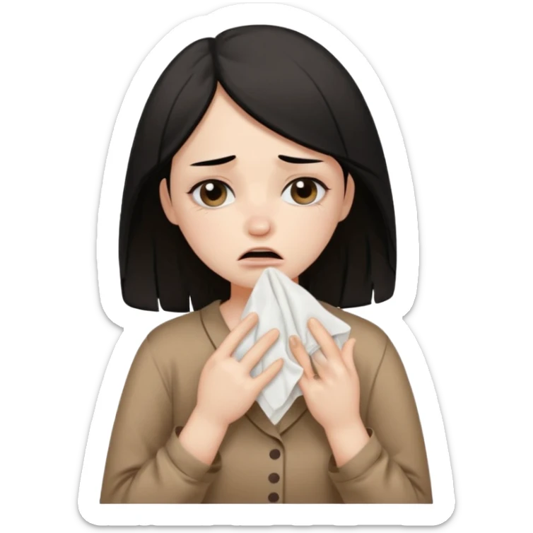 a pretty bratz fair girl wearing a brown pajamas, dark circles, crying, holding tissues. black hair sticker