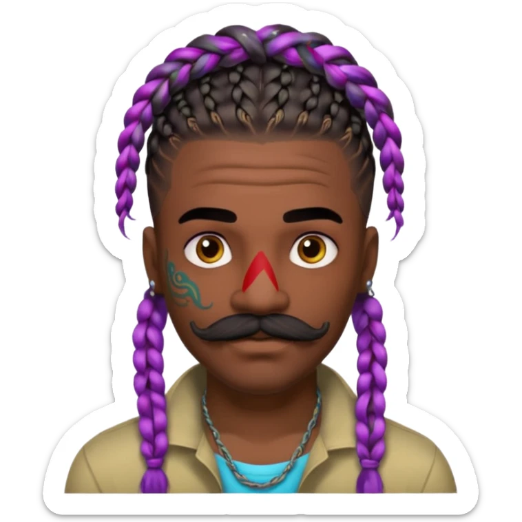 big lose braids starting from the top of the head man with mustache face wiith big visible braids and lots and lots of colored face tattoos colored tattoos like a tattoo artist hair unique color sticker