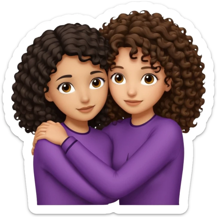 Girl with black curly wavy hair taller and light brown tan skin hugging another girl with medium length brunette curly hair short and long eyelashes sticker