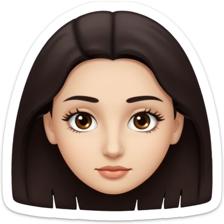 Rostro de forma ovalada con facciones delicadas. Ojos grandes y expresivos de color café oscuro, con pestañas largas y definidas. Cejas oscuras, pobladas y bien formadas. sticker