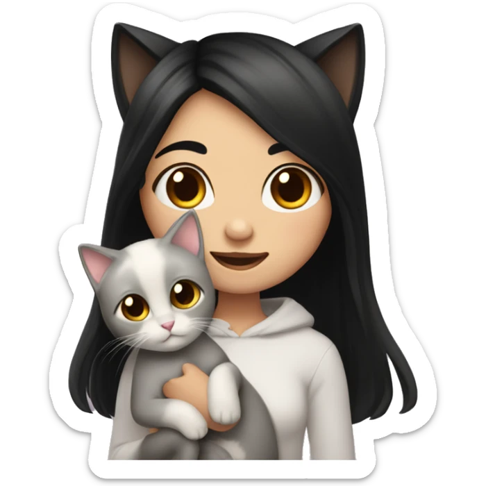 girl with long black hair holding a furry and cute ciames cat sticker