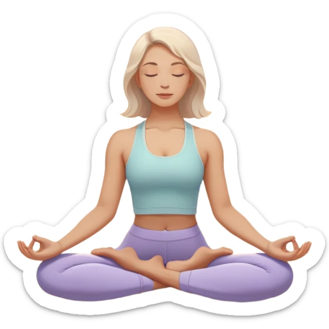 A peaceful person practicing yoga on a calm beach at sunrise, in a serene meditative pose. Soft pastel colors surround the scene, with gentle waves in the background and smooth, flowing lines representing balance and tranquility. The atmosphere feels centered and mindful. sticker