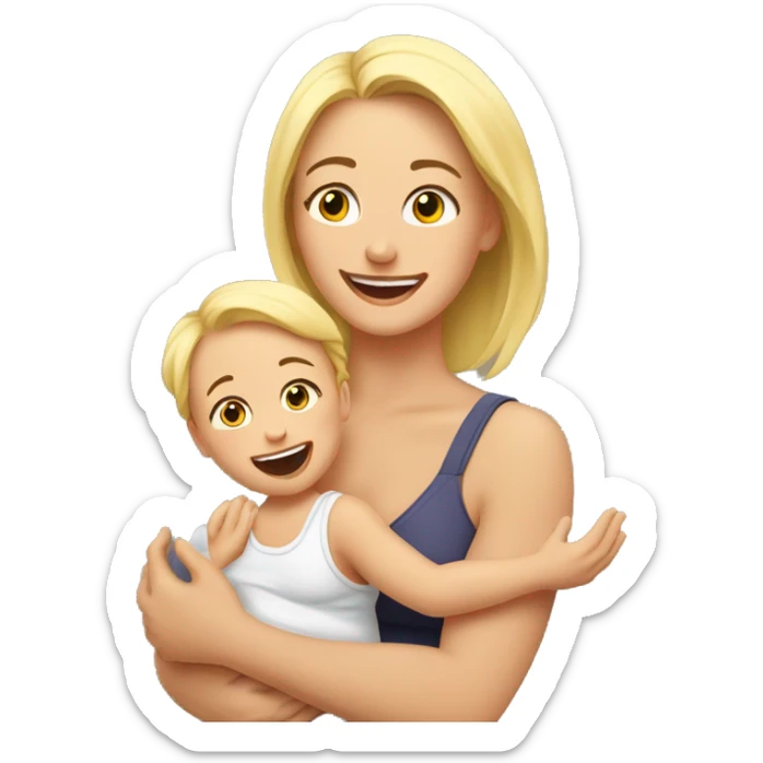 an EMOJI of a young mother with blonde hair, waist-up portrait, joyfully lifting baby in the air. The mother is lifting the baby with raised hands high above hear head and they look into each other eyes sticker