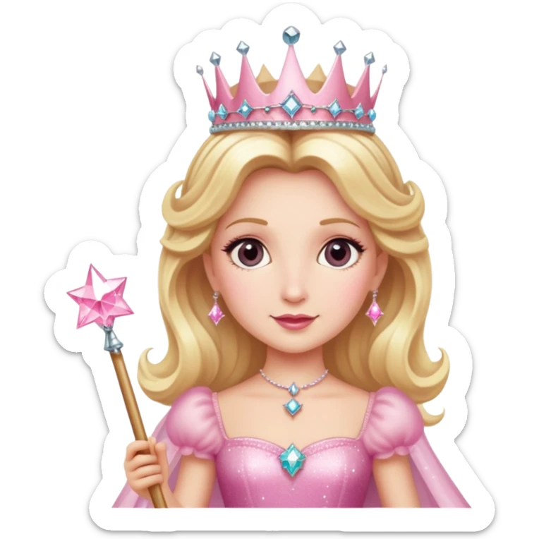 Glinda the Good Witch with blonde hair, sparkly crown, pink puffy dress, and magic wand sticker