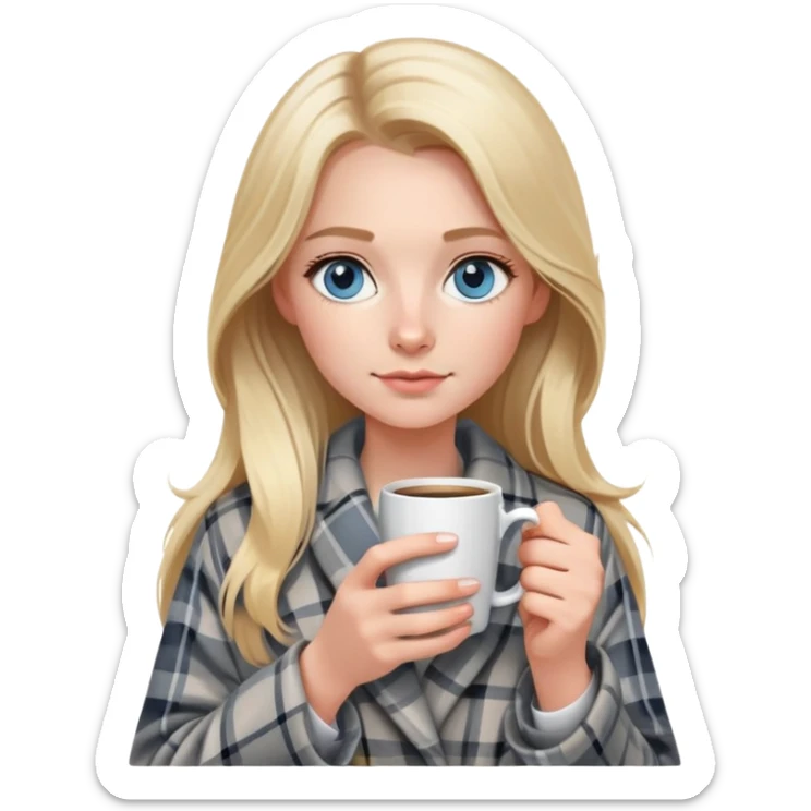 girl
blue eyes
long blond hair
wearing grey plaid housecoat
holding a white mug of coffee
wearing rose gold apple watch  sticker