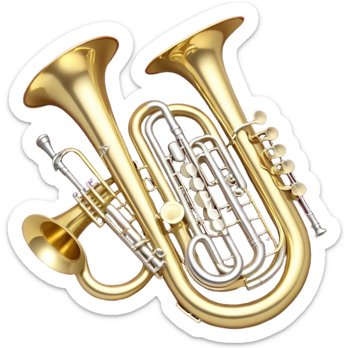 Create a festive and elegant emoji collage featuring a bouquet or fan of brass instrument bells (trumpets, saxophones, trombones, tubes, etc.) arranged in a radiant, symmetrical pattern. The instruments should have polished, golden and silver finishes, with their large, shiny bells forming a beautiful, fan-like display. Include a flowing ribbon of musical notes swirling through the center, conveying movement and melody. The background should feature a deep red velvet texture, adding a touch of luxury and sophistication. The overall composition should be balanced, with an elegant and regal feel, with a transparent background to keep focus on the instruments and musical elements. sticker