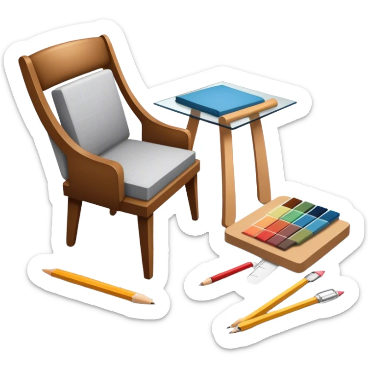 Icon for Furniture Design: a design process showing a sketch of a furniture piece, tools like a ruler and pencil, fabric swatches, and a 3D model of the piece being developed. The icon should represent the stages of furniture design and craftsmanship. Transparent background. sticker