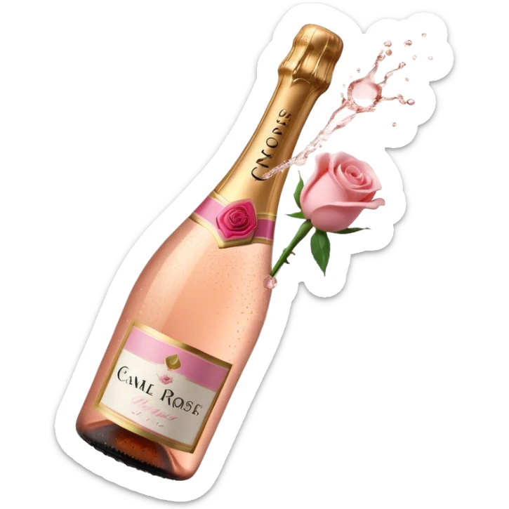 bottle of sparkling rosé champagne with a rose logo on the label, with the cork popping out from the top, tilted up and to the left, no glass sticker