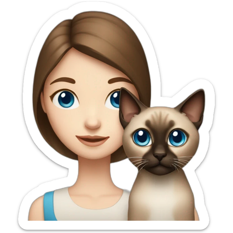 Blue-eyed girl with brown hair with siamese cat sticker