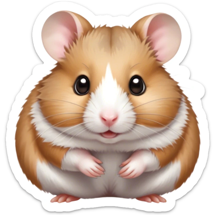 Cinematic Cute Brown and White Banded Hamster Portrait Emoji, Head tilted playfully and inquisitively, showcasing a fluffy fur with playful brown and white banded patterns, round, sparkling dark eyes filled with curiosity, Simplified yet irresistibly adorable features, highly detailed, glowing with a warm, friendly glow, high shine, affectionate and lively, stylized with a touch of whimsy, bright and endearing, soft glowing outline, capturing the essence of a mischievous yet loving hamster, so playful it feels like it could dash out of the screen and into your arms! sticker