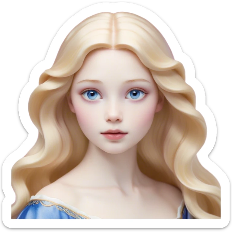 Cinematic Realistic Sleeping Beauty (Aurora) Portrait, with porcelain-like skin featuring a natural rosy flush, illuminated by soft lighting that highlights the gentle contours of her face. Her golden blonde hair flows in soft, detailed waves with subtle highlights that shimmer in the light. Her deep violet-blue eyes radiate warmth and innocence, framed by arched brows and long lashes. With a soft, serene smile, she holds a delicate rose gently in one hand, her other hand resting lightly by her side. She is dressed in her classic pink gown, the fabric rich in texture with delicate folds that catch the light. A golden crown rests atop her head, gleaming with royal refinement. The portrait captures a soft, glowing aura, blending realism with an ethereal sense of beauty and timeless enchantment. sticker