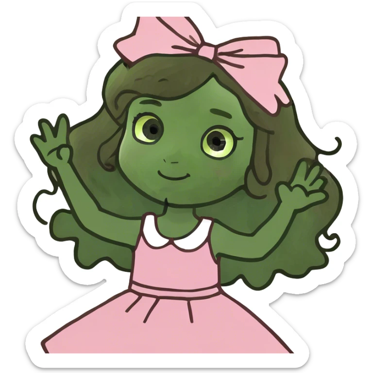 brown girl with long brown curly hair and bows in her hair waving wearing pink  sticker