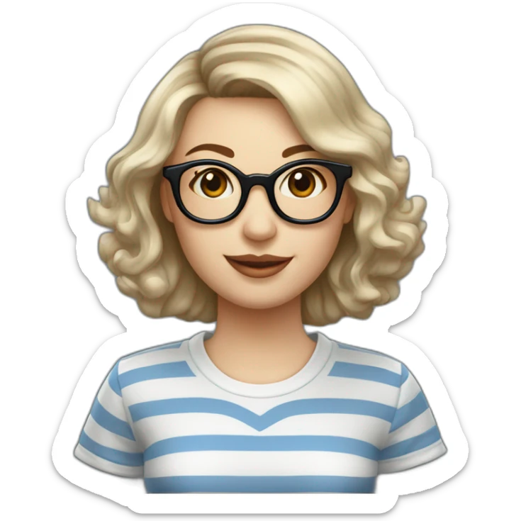 caucasian woman with retro glasses, dark brown hair a bob haircut, bangs, braces on teeth, blue and white striped t shirt sticker