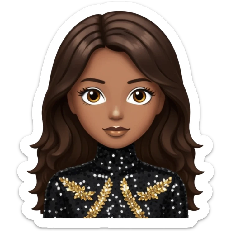 Terry Ellis from En Vogue with long dark brown hair, black sequin outfit sticker