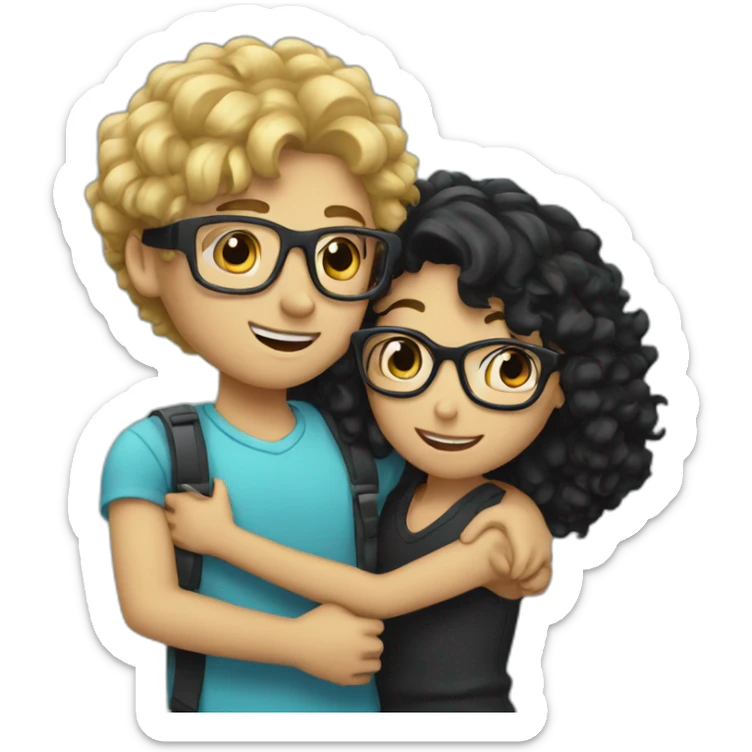 boy with curly blonde hair and glasses hugging girl with black hair and glasses sticker