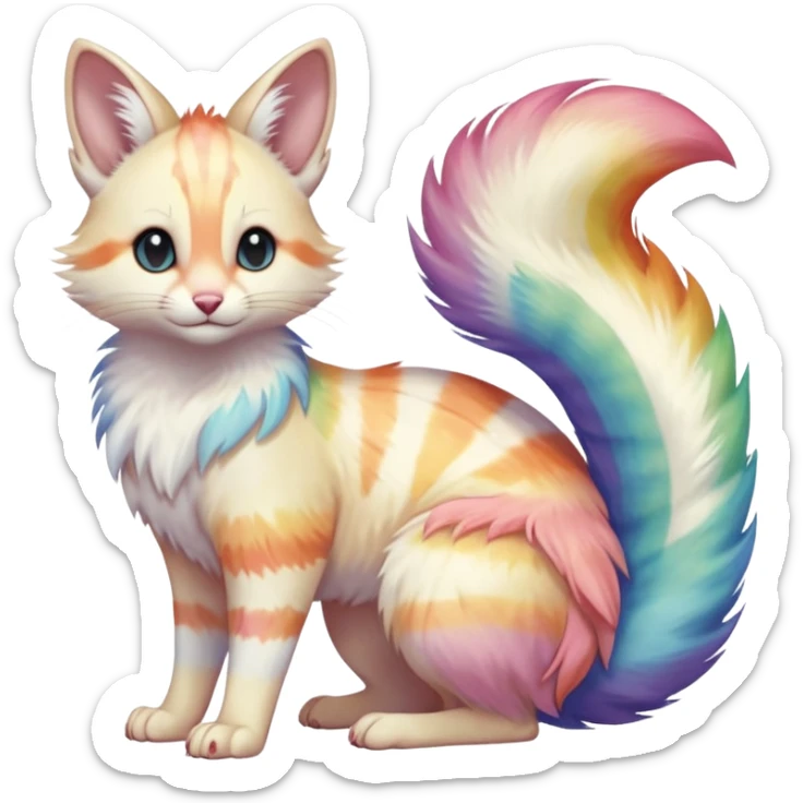  cute adorable pastel-iridescence-gradients albino fur with random colorful iridescent rainbow markings beautiful elegant pretty precious cute  Fakémon-Pokémon-opossum-feline-serval-caracal-chinchilla-Minccino-hybrid-creature with a big fluffy bushy striped tail (full body) sticker