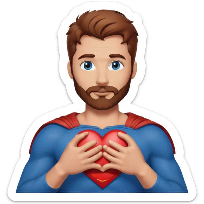 Adult Superman with blue eyes redish brownish hair and full scruffy beard making a heart with his hands sticker