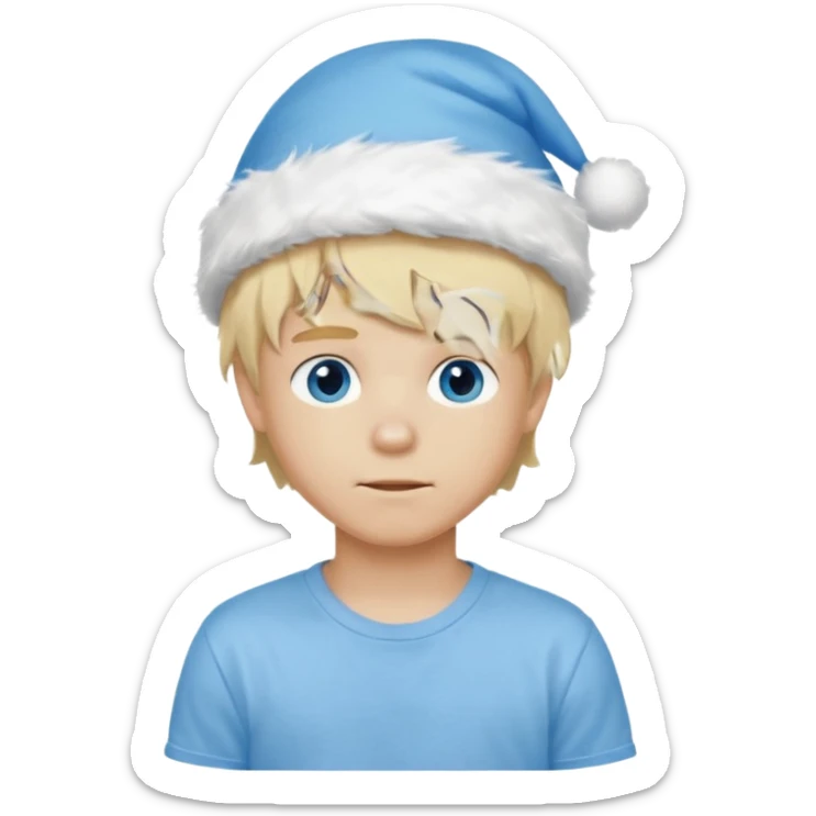 create boy blonde hair long messy, light eyes, white t shirt, rich, long hair, eyes blue, acessory head cristimas blue hat, fluffy hair sticker