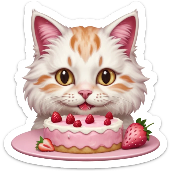 Close-up portrait of a fluffy cat eating a strawberry cake, pink cream on its nose and whiskers, detailed fur texture, soft natural light, shallow depth of field, high resolution, cute and candid moment
 sticker