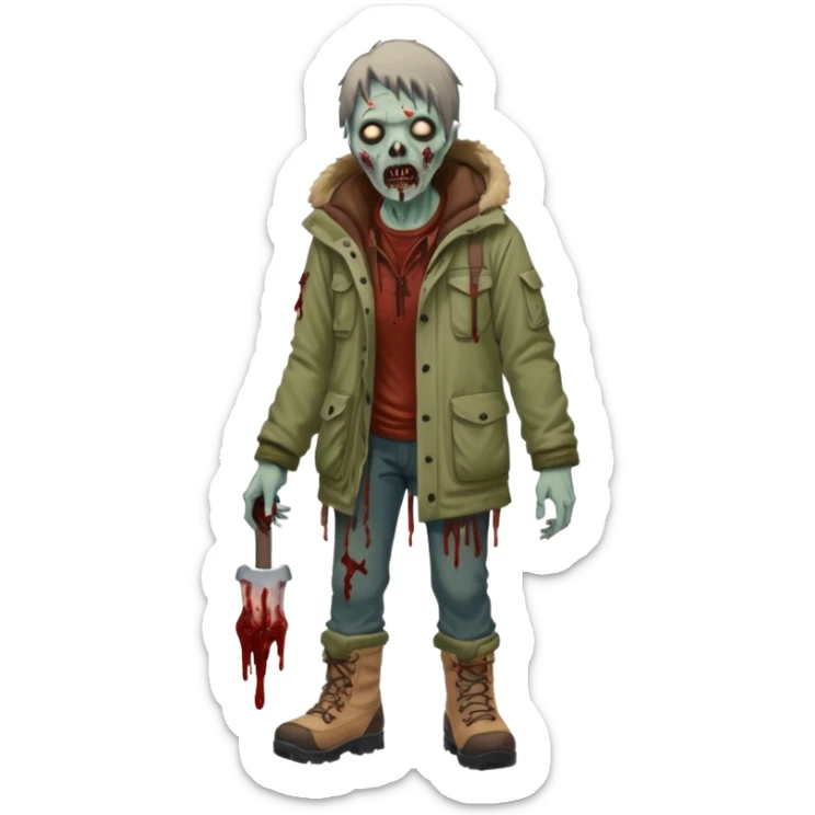 Local alaskan who has turned it zombies in the style of the walking dead, with rotting flesh and dripping blood but distinctively Alaskan. In the style of your bleeding skull art but Alaskan zombie. Full body sticker