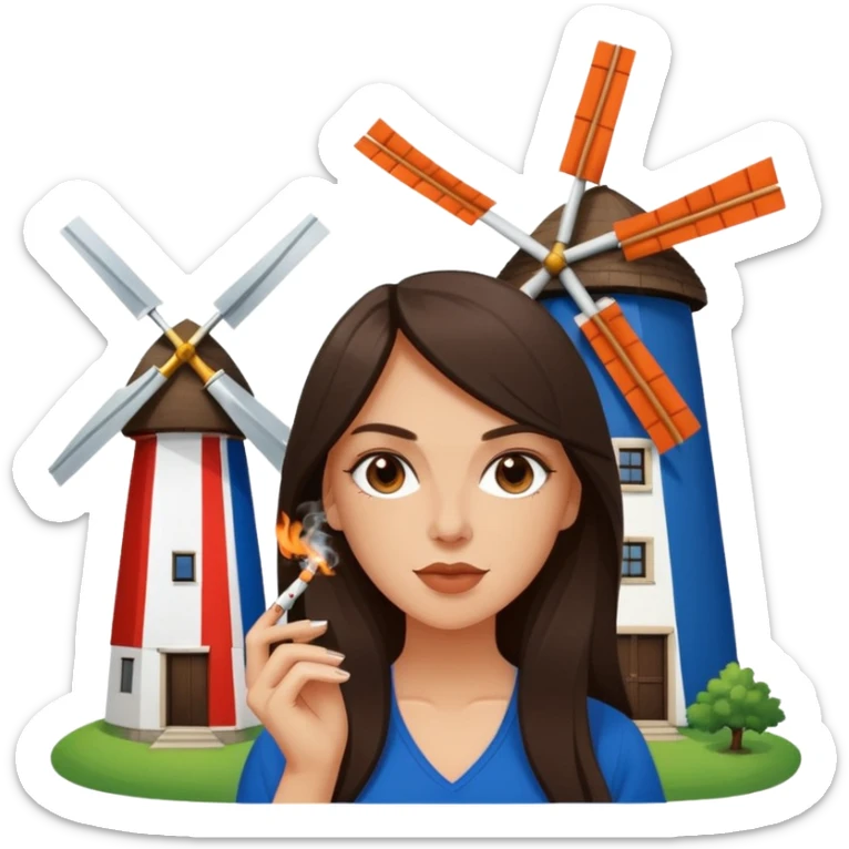 Windmill with on the top of the building a dutch flag and a white girl with long dark brown hair smoking a joint without filter. sticker