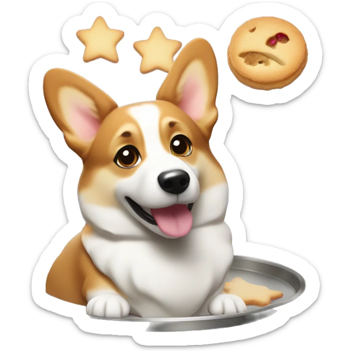 Welsh corgi baking cookies, with flour on its nose and a tray of star-shaped treats sticker