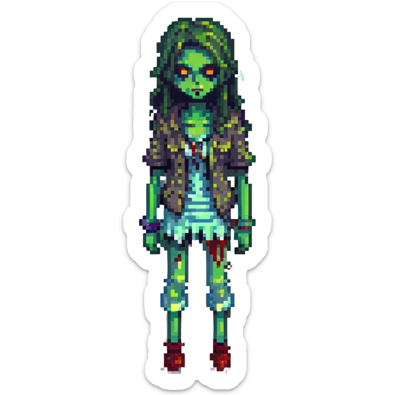 pixel art zombie girl, green skin, tattered clothes, cute and spooky sticker