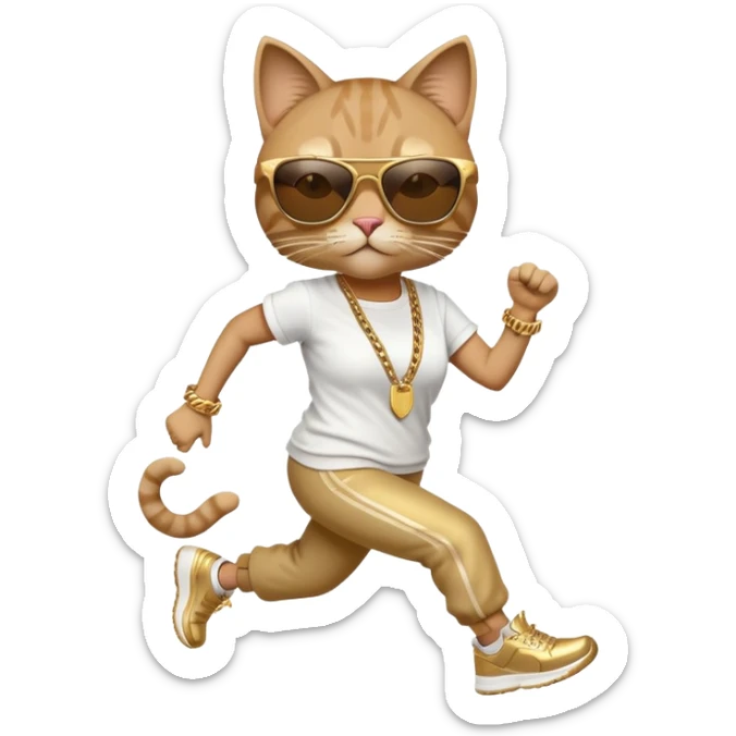 friendly anthropomorphised female cat in hip-hop Run DMC clothing, dark sunglasses, gold chains, jogging upright sticker