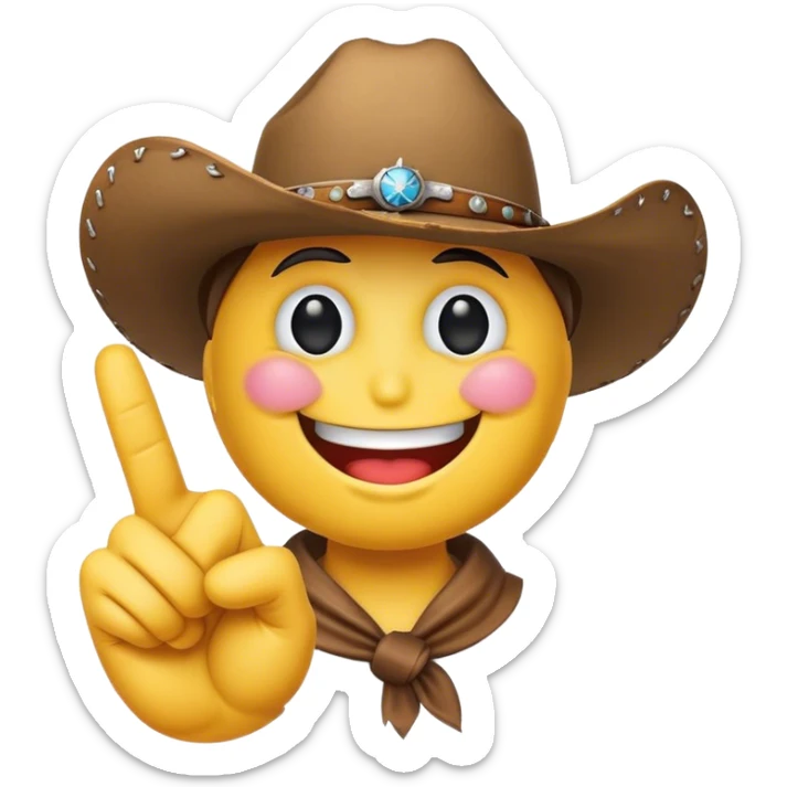 smiley face emoji wearing a cowboy hat performing the finger guns gesture sticker