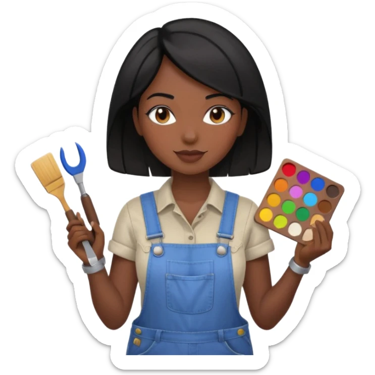 Créame emoji de una mujer que sea diseñadora industrial, pelo negra, piel morena, femenina con overol y una paleta de colores o herramientas de taller piel oscura chocolate  sticker