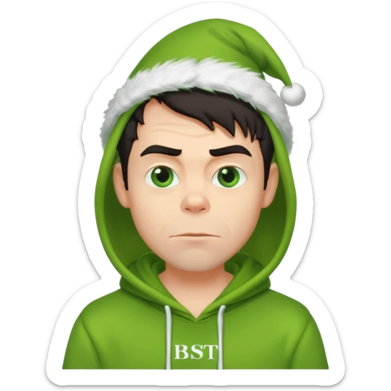 Create an avatar of white European with dark hair  male in hoodie with ``BST`` letters on it. Make background to look like from movie Grinch sticker