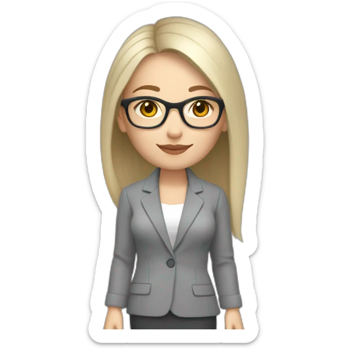 full height pale skin woman with cold blonde straight hair, care haircut, White blouse, Gray oversize jacket, Gray skirt and glasses glasses in a thin rim holding a color palette in the hands sticker