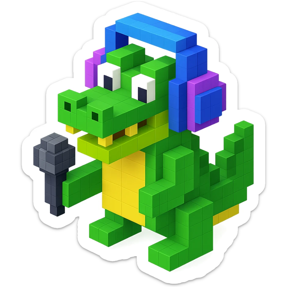 crocodile with headphones holding a microphone, isometric view, voxel style sticker