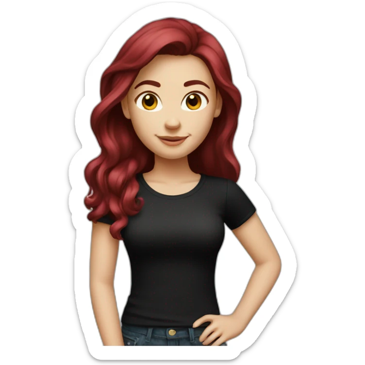 a white girl with burgundy hair in a black T-shirt sticker