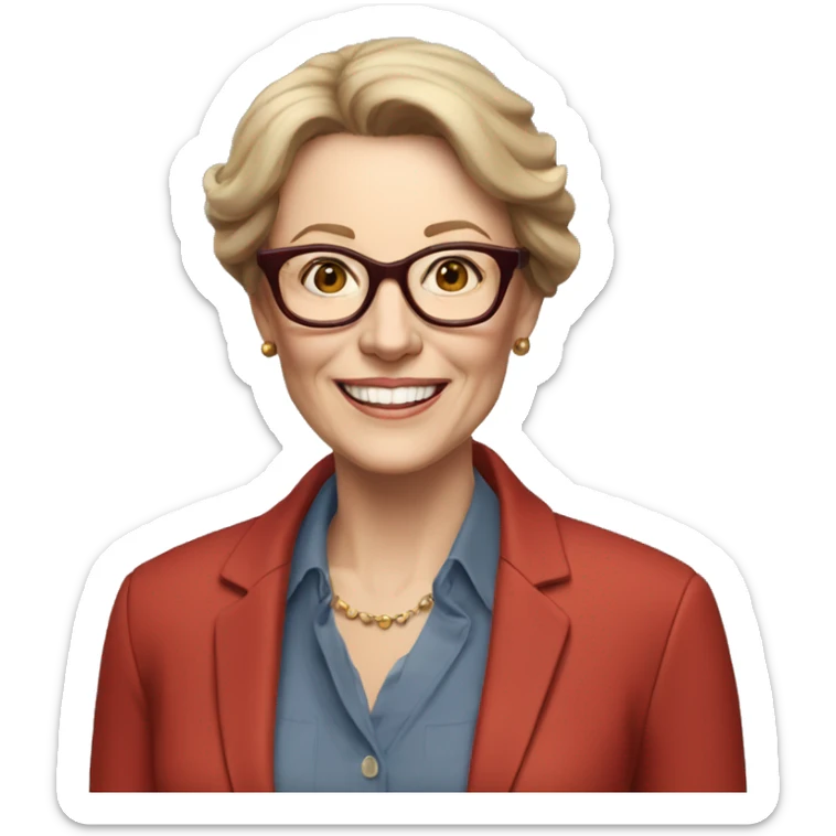 Woman in her 60s, with auburn hair, pale skin, glasses, brown eyes, smiling wearing a red blazer, collared shirt,  jeans sticker