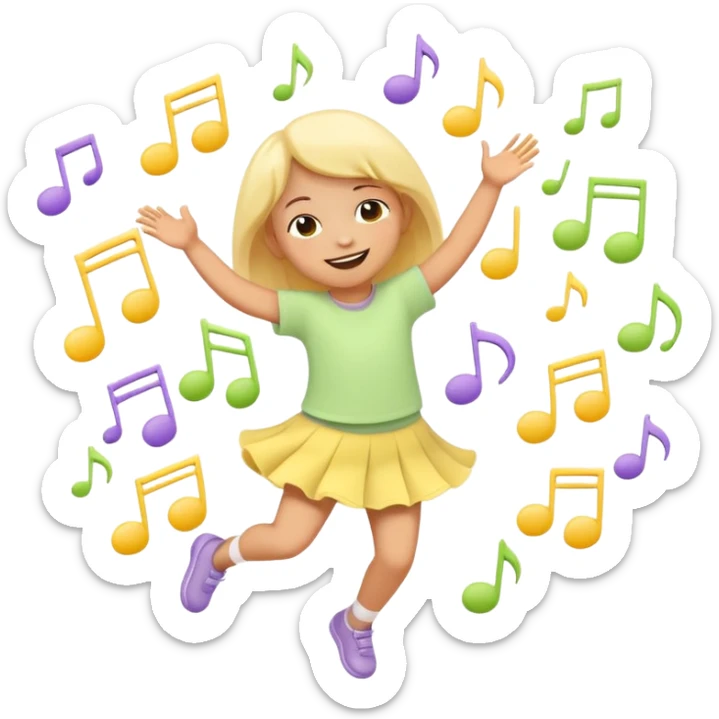 Flat illustration emoji of a small child dancing or moving joyfully to music, musical notes floating around, smiling expression, soft pastel colors (yellow, lavender, light green), rounded shapes, minimal details, child-friendly, warm and playful style sticker