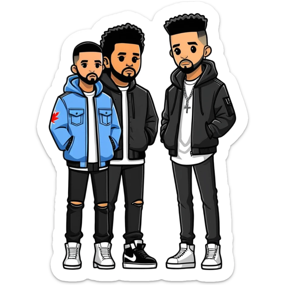 2022 illustration of The Weeknd and drake. Both  canadian singers from Toronto, must be ultra hyperrealistic, and mirco-detailed, 3D sticker design
 Must be 8k hd, 8000x8000px resolution. Must use very thin transparent smooth lines sticker