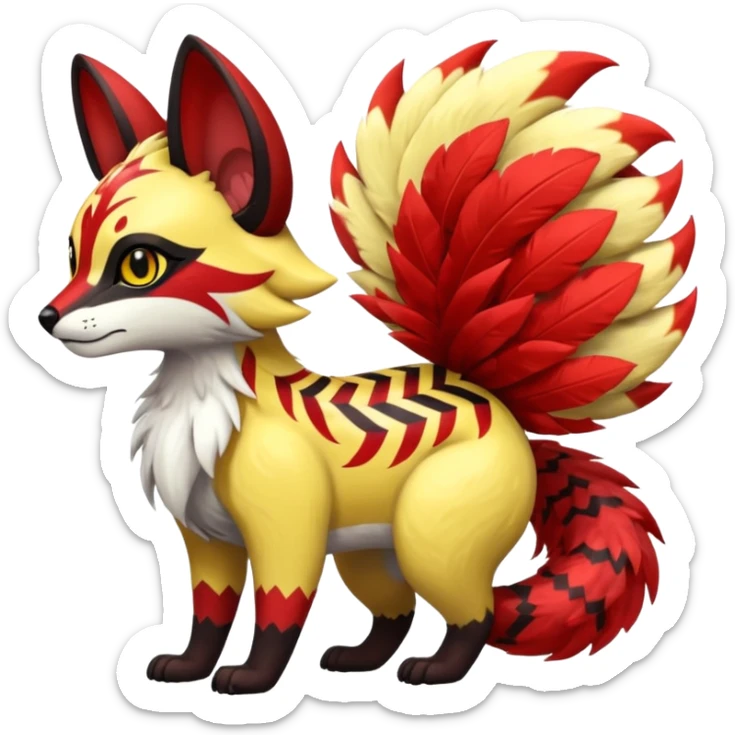 Futuristic sanguine-red banana-yellow black chevron-marked furry fluffy floofy feathery tribal marked Genet-Absol-Kyurem-Zeraora-Primagen-fusion-creature  sticker