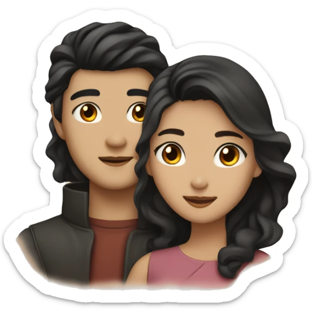 A half pale Asian man with short dark hair and amber eyes embracing and loving a half Asian woman with long wavy dark hair and dark hazel eyes. They love each other a lot And have good fashion taste. sticker