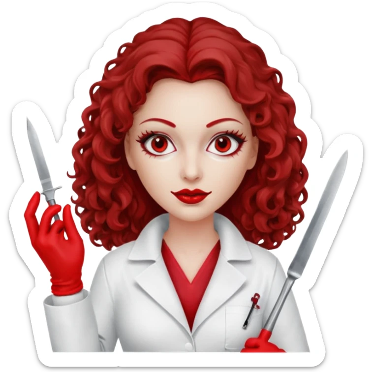 


Scary woman scalpel in hand, evil surgeon sexy surgeon clothes.  She has red eyes. Her  brown long curly hair. Wears sexy doctor outfit with red gloves. make her wear red ski mask  to hide. Wears white surgeon coat, wears  stilettos sticker